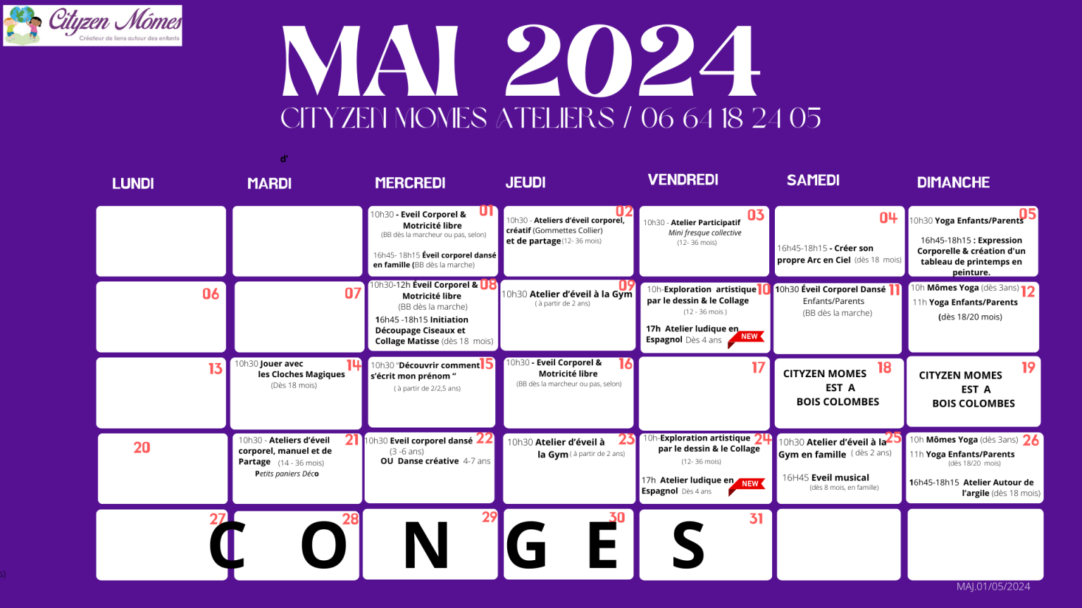 Le planning des ateliers du mois de mai 2024 - Cityzen Mômes