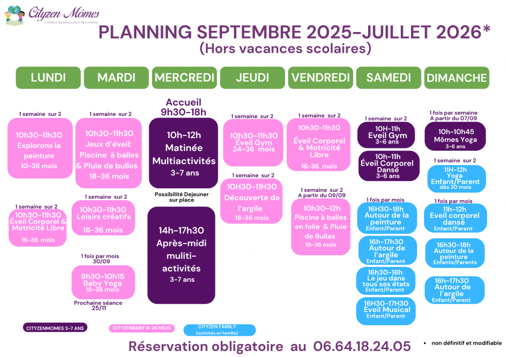 Planning annuel des ateliers enfants accompagnés ou non d'un adulte