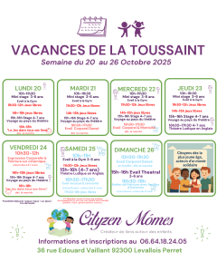 Planning des ateliers enfants et stages vacances de la Toussaint à Levallois-Perret — semaine du 20 au 26 octobre 2025 avec Cityzen Mômes.