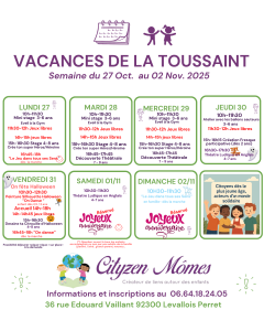 Planning des ateliers et stages enfants pour les vacances de la Toussaint à Levallois-Perret — semaine du 27 octobre au 2 novembre 2025 avec Cityzen Mômes.
